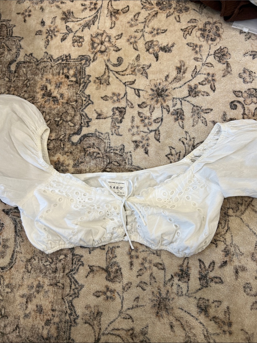 Sabo Skirt White Eyelet Puff Sleeve Crop Top with Front Tie